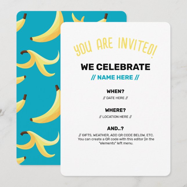 Invitación Divertidos Favoritos de Fiesta de Plátano Retro Ed (Anverso / Reverso)