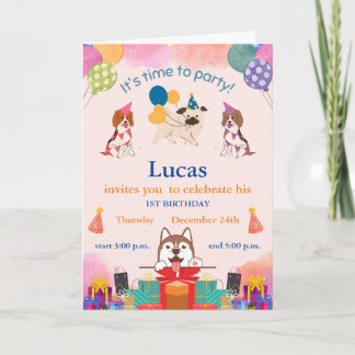 Invitación Divertidos perros pequeños en primer cumpleaños