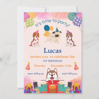 Invitación Divertidos perros primer cumpleaños