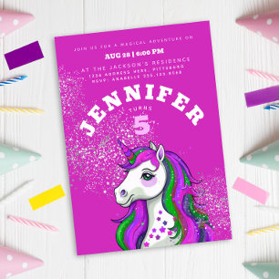 Invitación Diviértete con Colorido Rosa Purpura Unicornio Bri