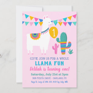 Invitación Diviértete con Llama Completa Cactus Rosa Cumpleañ