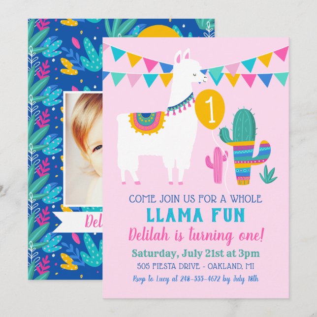 Invitación Diviértete con Llama entera Cactus Rosa Cumpleaños (Anverso / Reverso)