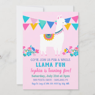 Invitación Diviértete con Llama Floral Rosa Cumpleaños de Niñ