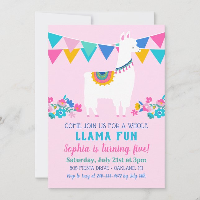 Invitación Diviértete con Llama Floral Rosa Cumpleaños de Niñ (Anverso)