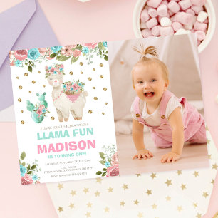 Invitación Diviértete con Llama Rosa Menta Floral Niña 1er Cu