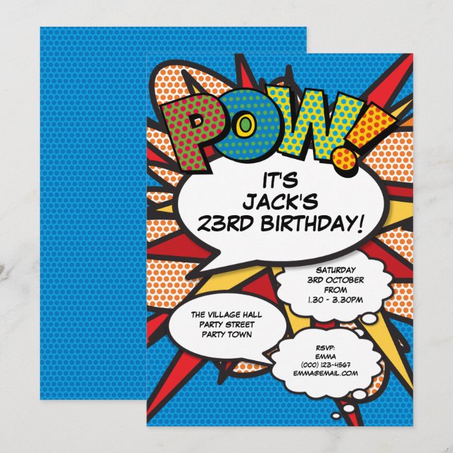 Invitación Diviértete Cumpleaños Comic Moderno Azul Para Cual (Anverso / Reverso)