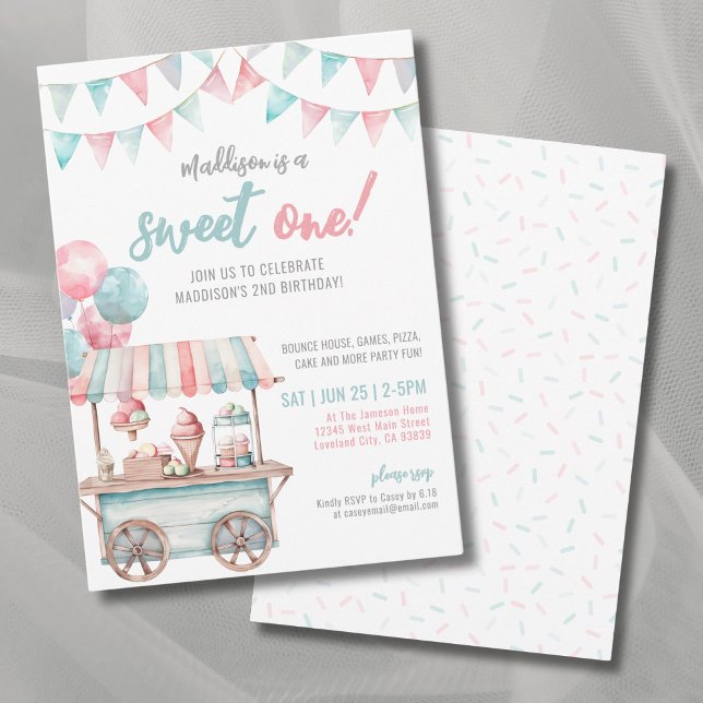 Invitación Diviértete Cumpleaños de 1 año de Helado de Verano (Fun Ice Cream Summer 1st Birthday Party Invitation)