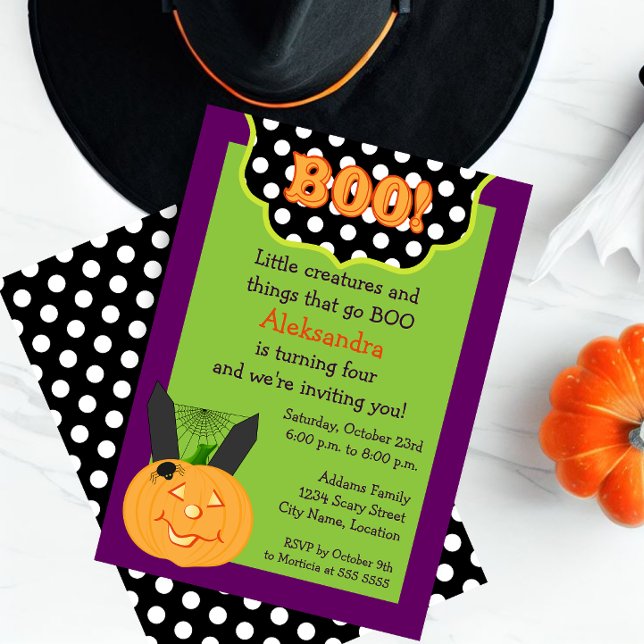 Invitación Diviértete Cumpleaños de Halloween para Niños (Celebrate a Halloween birthday with this cute BOO and pumpkin invitation.)
