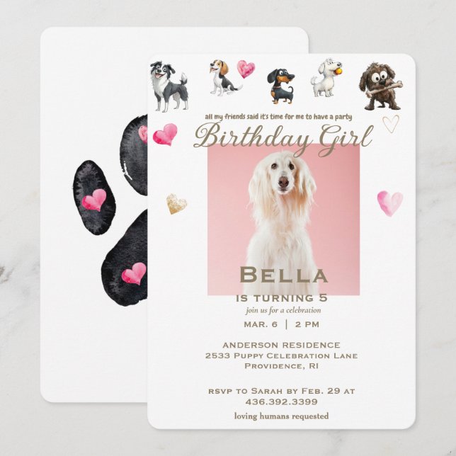 Invitación Diviértete Cumpleaños de Perrita con Foto en Coraz (Anverso / Reverso)