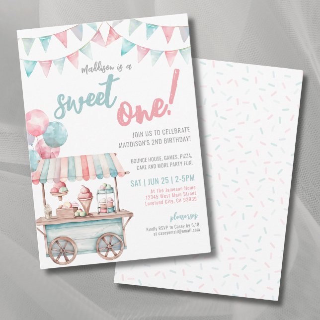 Invitación Diviértete Cumpleaños de verano de 1 año con helad (Fun Ice Cream Summer 1st Birthday Party Invitation)