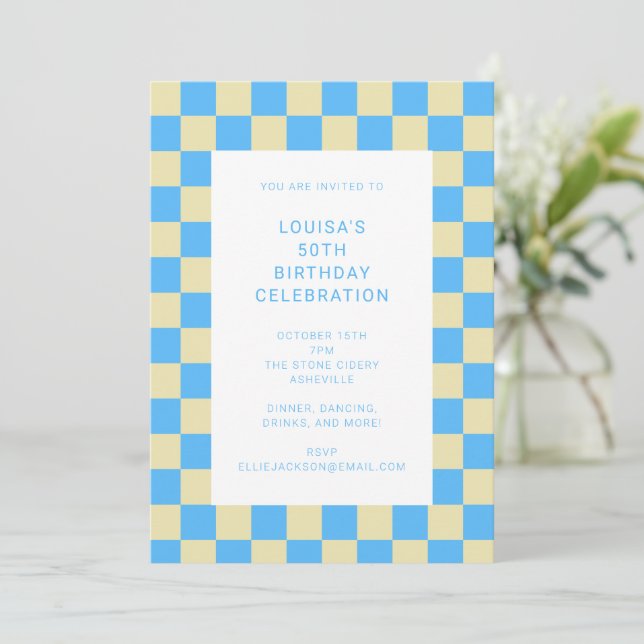 Invitación Diviértete Cumpleaños Geométrico Azul Claro de Cua (Anverso de pie)