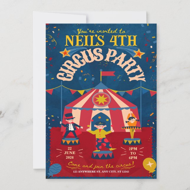 Invitación Diviértete en la fiesta de cumpleaños del circo (Anverso)
