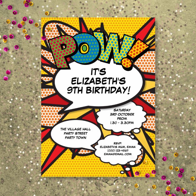 Invitación Diviértete en una fiesta de cumpleaños moderna de  (Modern Fun Birthday Party Comic Book Any Age Invitation)
