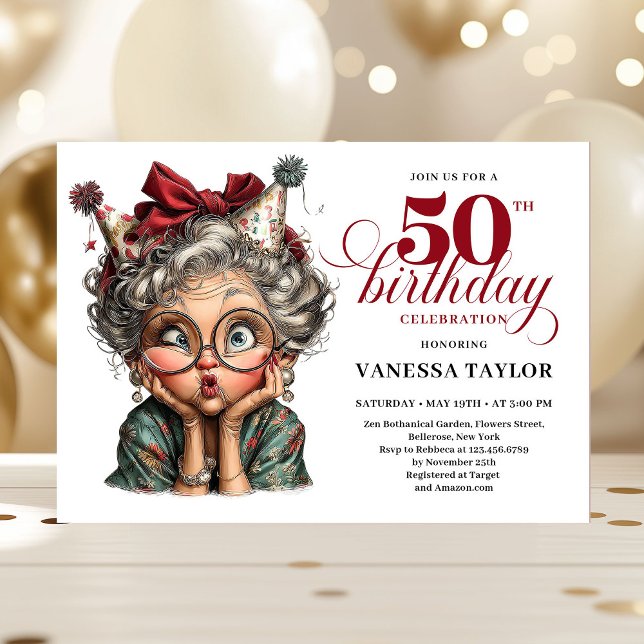 Invitación Diviértete Señora Divertida Cumpleaños 50 Cartoon  (Joyful Funny Lady 50th Birthday Cartoon Humor Invitation)