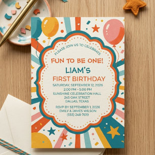 Invitación Diviértete siendo uno cumpleaños Retro Colorido Ni