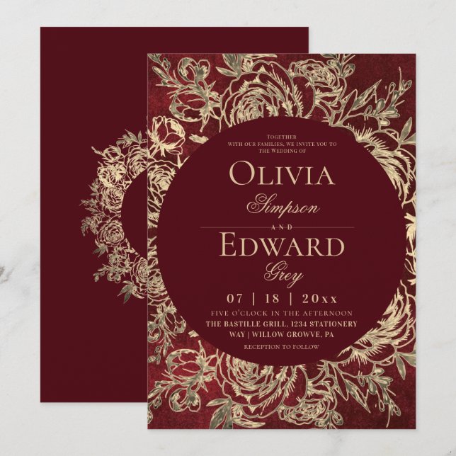 Invitación Divina boda floral de oro de Borgoña  (Anverso / Reverso)