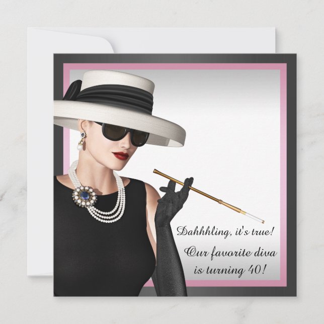 Invitación Divina Elegante Rosa y Negro Cumpleaños 40 (Anverso)
