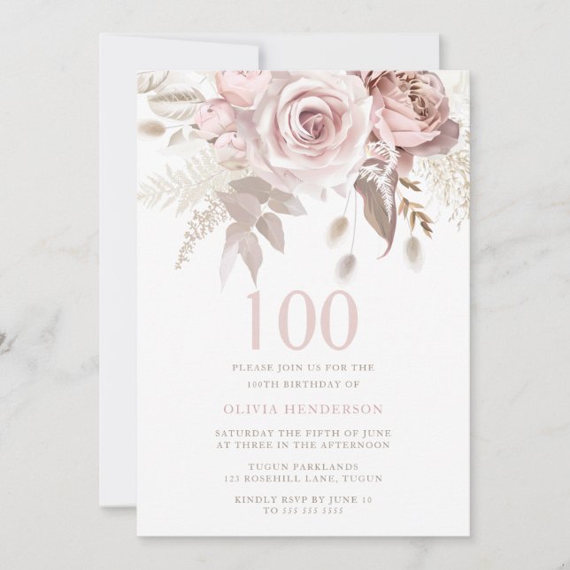 Invitación Divina fiesta de cumpleaños 100 rosas Rubor (Anverso)
