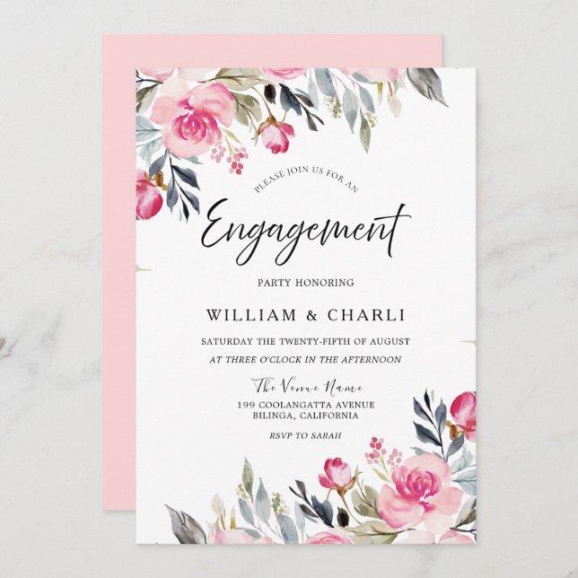 Invitación Divino Rubor Watercolor Floral Engagement Party (Anverso / Reverso)