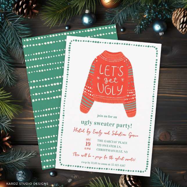 Invitación Divirtámonos Feo Fiesta de Suéteres Feos de Navida (Front + back of Christmas Party invitation shown at a 5x7 inch. )