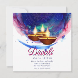 Invitación Diwali Diyas Blue Paint Wash