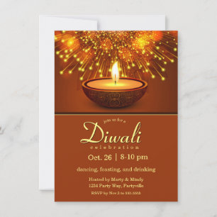 Invitación Diwali Diyas y fuegos artificiales