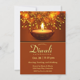 Invitación Diwali Diyas y fuegos artificiales