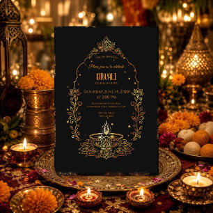Invitación Diwali negro y dorado Diyas elegante