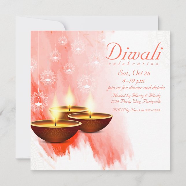 Invitación Diwali Red Watercolor con Diyas (Anverso)