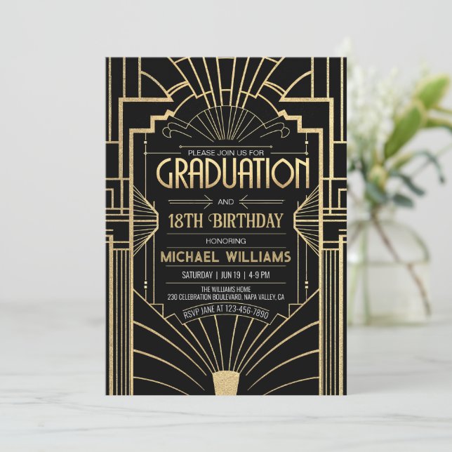 Invitación DIY 18ª graduación Art Deco Oro Negro (Anverso de pie)