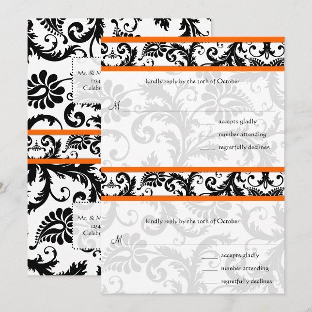 Invitación DIY Black Damask Orange RSVP Wedding Invitation (Anverso / Reverso)