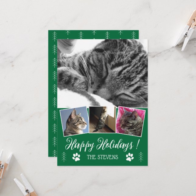 Invitación DIY Cat Collage de fotos Green Holiday Flat Card (Anverso/Reverso In Situ)