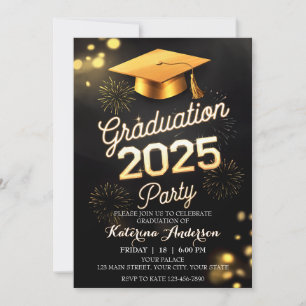Invitación DIY Cena formal Graduación Oro Negro Fuegos artifi