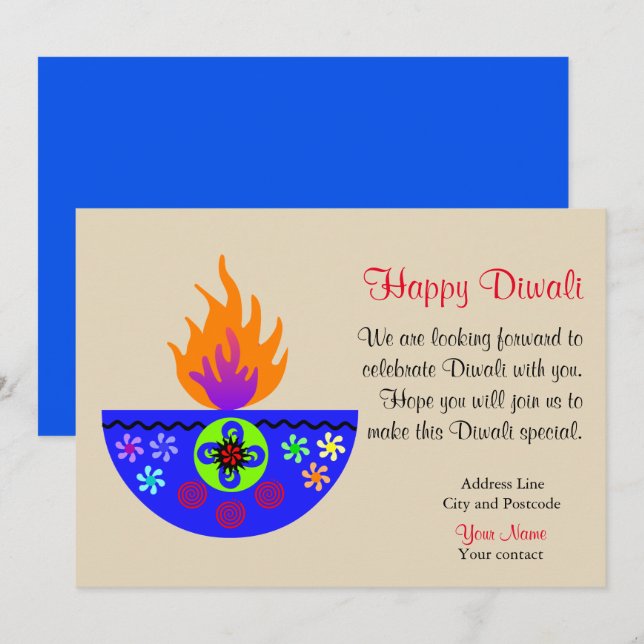 Invitación Diya colorida lámpara Diwali (Anverso / Reverso)