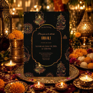 Invitación Diyas elegantes Diwali negro y dorado