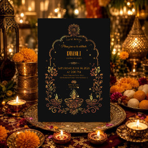 Invitación Diyas elegantes Diwali negro y dorado