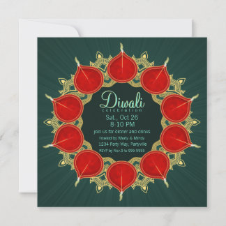 Invitación Diyas rojas y doradas Mandala Diwali en Verde azul