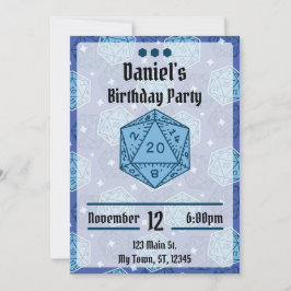 Invitación DnD Fiesta de cumpleaños DnD D20 dados azules