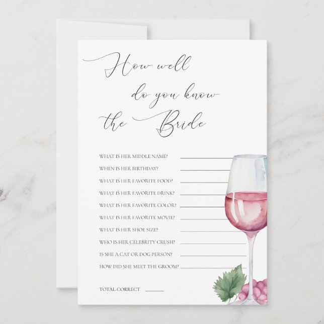 Invitación Do You Know The Bride Vino before Vows Bridal Game (Anverso)