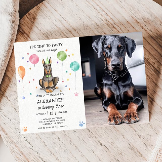 Invitación Dobermann Pawty Puppy Birthday Pink Photo (Subido por el creador)