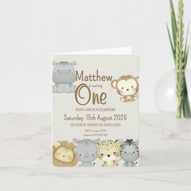 Invitación doblada al cumpleaños de Boho Safari (Anverso)