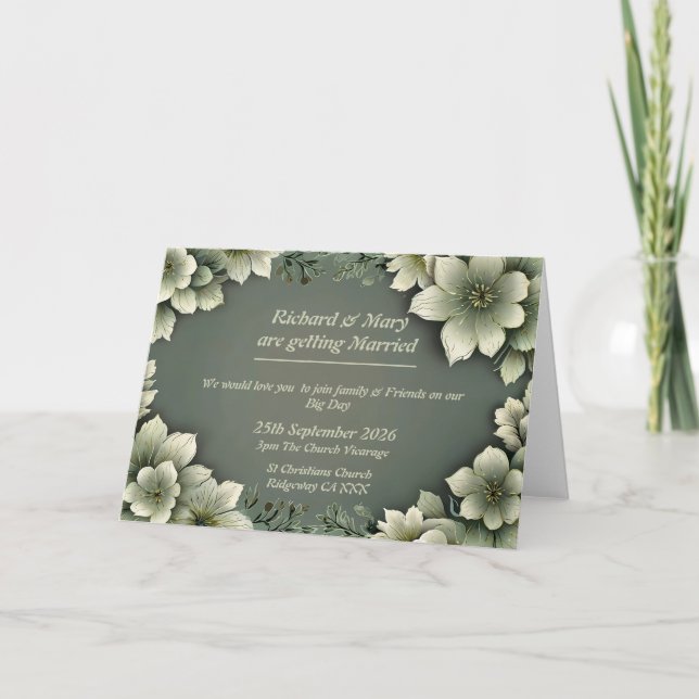 Invitación doblada floral colorida crema y verde (Anverso)