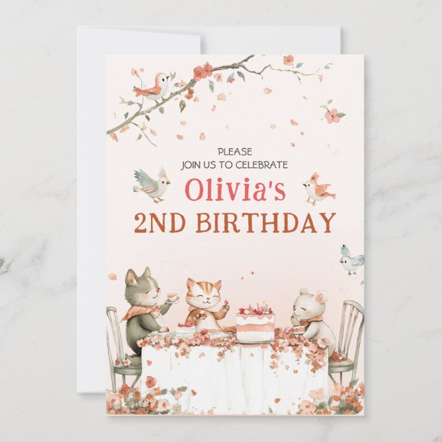 Invitación doblada para fiesta de flores con gatos (Anverso)