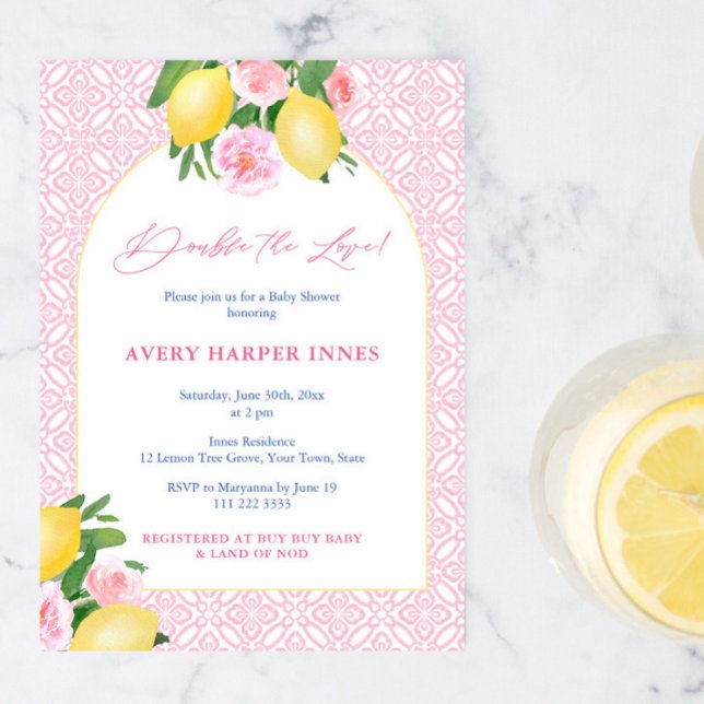 Invitación Doble amor Lemons Chicas gemelos rosados Baby Show (Double The Love Italian Lemons With Pink Tiles Baby Shower Invitation For Twin Girls)
