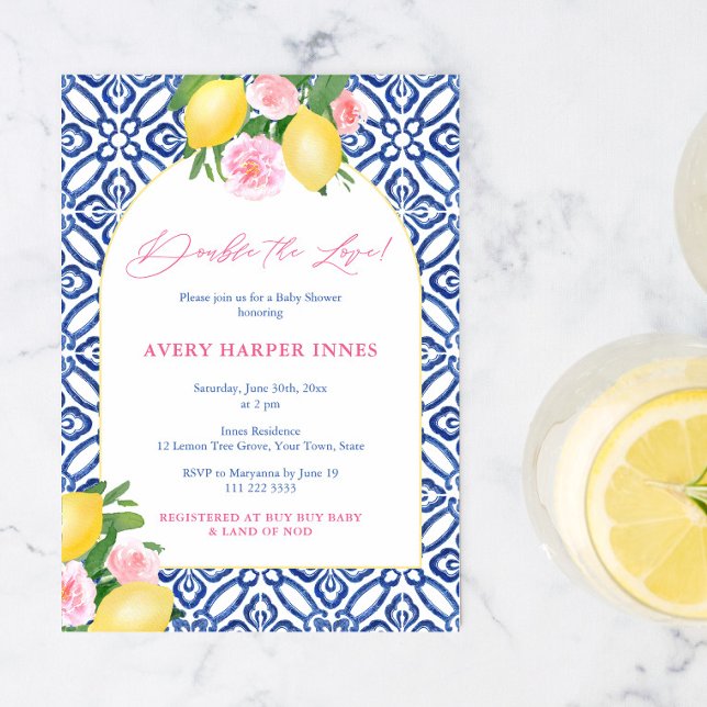 Invitación Doble amor Positano Lemons Twins Baby Shower (Arch Shape Double The Love Citrus Vintage Blue Tile Positano Twin Girls Baby Shower Invitation)