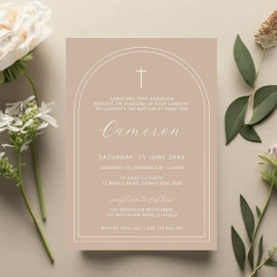 Invitación Doble arco cruz simple beige bautizo bautizador