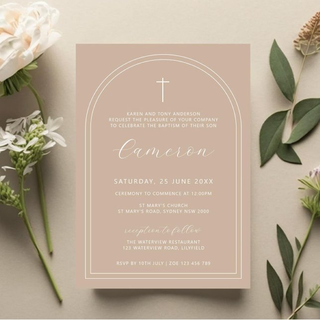 Invitación Doble arco cruz simple beige bautizo bautizador (Subido por el creador)