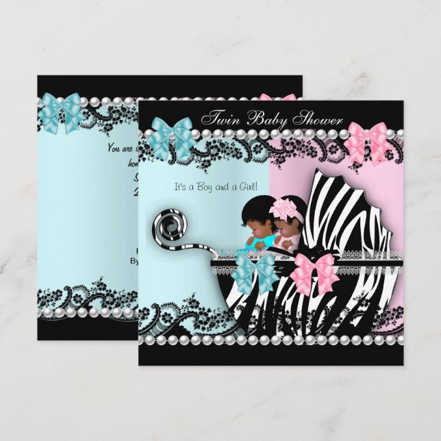 Invitación Doble Baby Shower Cute Chica Pink Boy Blue Zebra 4 (Anverso / Reverso)