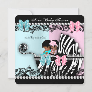 Invitación Doble Baby Shower Cute Chica Pink Boy Blue Zebra 4