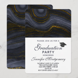 Invitación Doble capa moderna negra y dorada de ágata y gradu